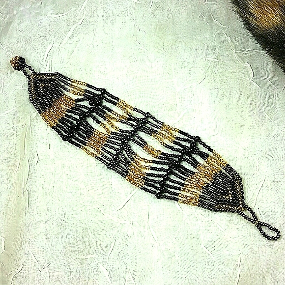 Bracelet Artisan Woven Black gold glass bead boheimian Multiple Strand Mob Wife